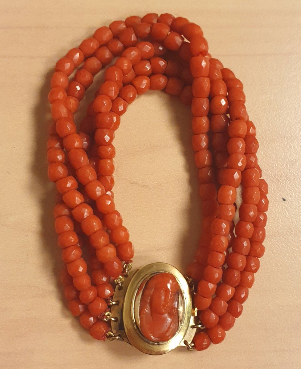 BRACELET 5 RANGS PERLES DE CORAIL FACETTE FERMOIR OR & CAMEE CORAIL-photo-2