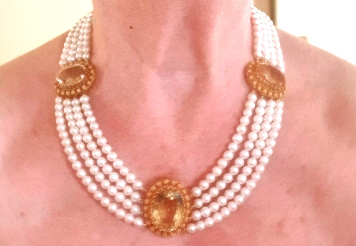 Necklace :  4 Rows Of Cultured Pearls With Gold And Citrine Elements - Charles X Period-photo-3