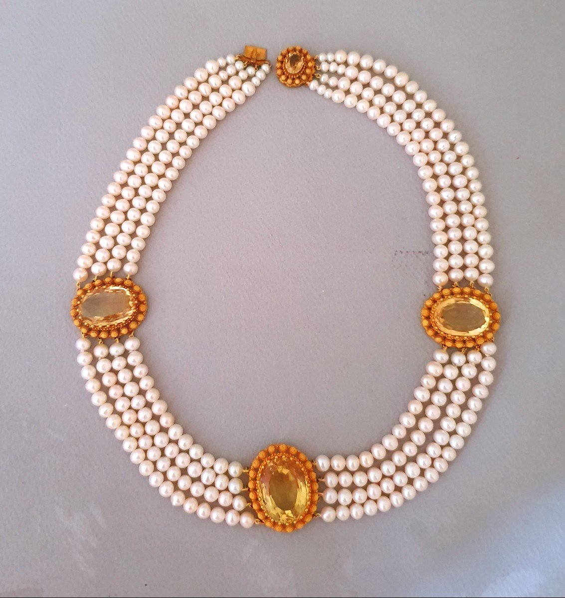 COLLIER DE 4 RANGS DE PERLES DE CULTURE AVEC ELEMENTS OR ET CITRINE - EPOQUE CHARLES X-photo-2