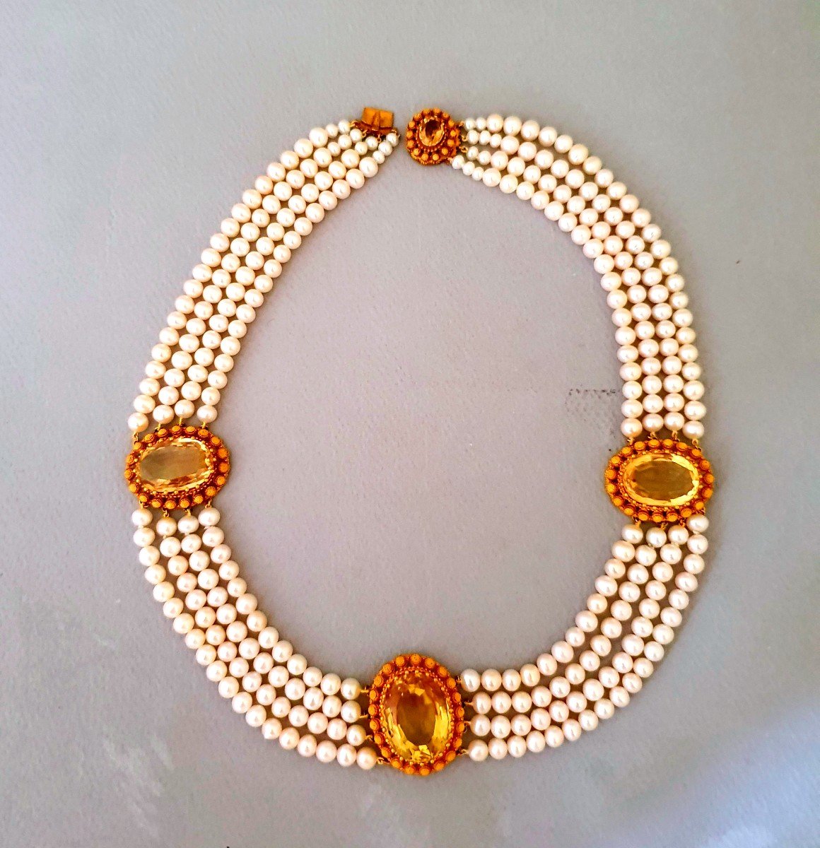 COLLIER DE 4 RANGS DE PERLES DE CULTURE AVEC ELEMENTS OR ET CITRINE - EPOQUE CHARLES X-photo-8