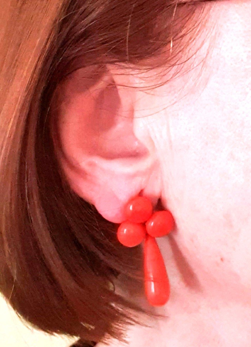 BOUCLES d'OREILLES CORAIL MEDITERRANEEN en 2 PARTIES avec POIRE PENDANTE-photo-2