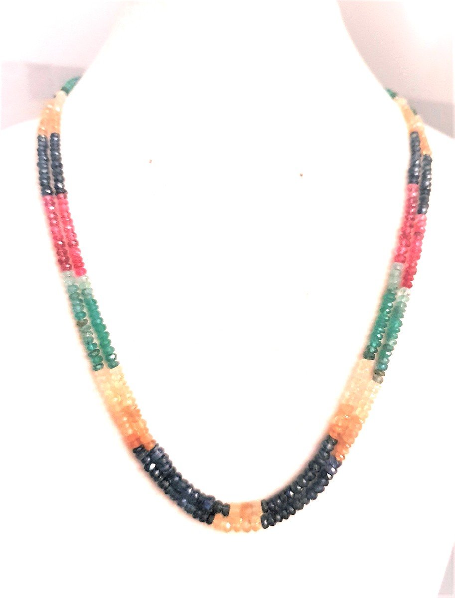 Necklace 3 Row Of Precious Stones Faceted Pearls: Sapphires - Emeralds - Spinels-photo-3