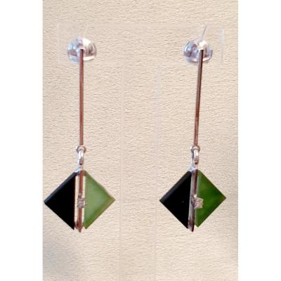 BOUCLES d'OREILLES  style ART DECO JADE ONYX DIAMANT