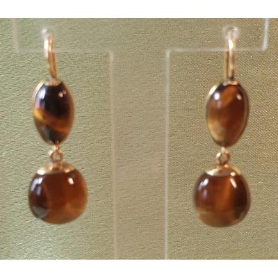 BOUCLES D'OREILLES OR JAUNE ET CABOCHONS OEIL DE TIGRE