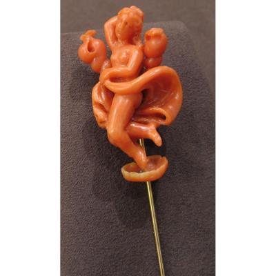  Gold & Coral Hat Pin Sculpted "venus Coming Out Of The Wave"