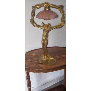 Gallé Art Nouveau Lamp Foot Woman Flowers Gilt Bronze