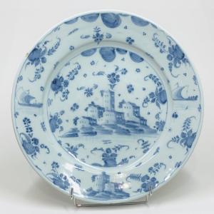 Savone - Large Dish With Landscape Decoration In Blue Shades - Circa 1700