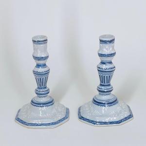 Pair Of Earthenware Candlesticks From Saint-amand-les-eaux - Eighteenth Century