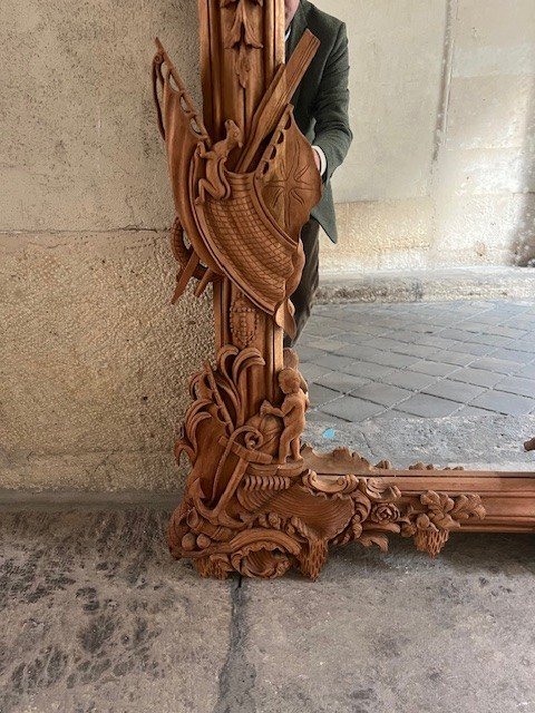 Decorative Mirror In Carved Wood, Decorated With Marine Elements-photo-3