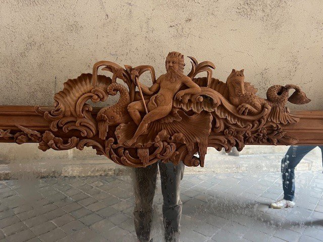 Decorative Mirror In Carved Wood, Decorated With Marine Elements-photo-4