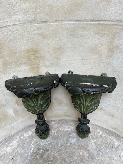 Pair Of Wall Consoles In Carved Green Lacquered Wood-photo-2