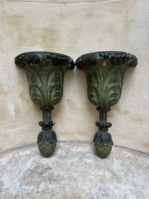 Pair Of Wall Consoles In Carved Green Lacquered Wood