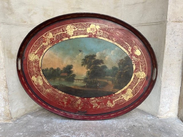 Oval Tray In Polychrome Metal. France, 19th Century.