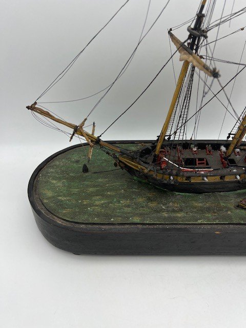 Painted Wooden Boat Model Under Glass Globe Origin: France, 19th Century-photo-4