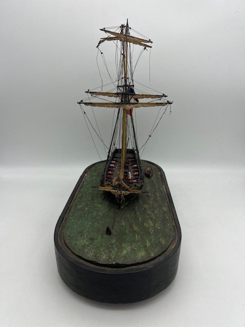 Painted Wooden Boat Model Under Glass Globe Origin: France, 19th Century-photo-2