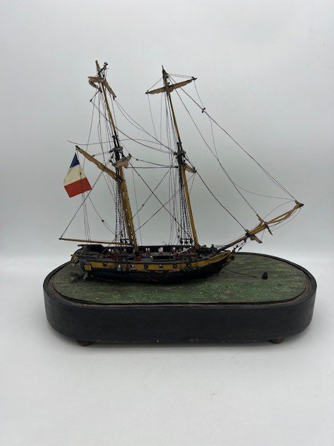 Painted Wooden Boat Model Under Glass Globe Origin: France, 19th Century-photo-3