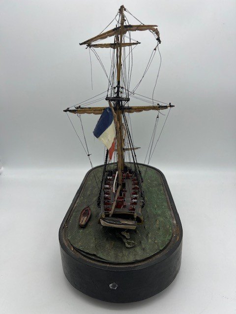 Painted Wooden Boat Model Under Glass Globe Origin: France, 19th Century-photo-4