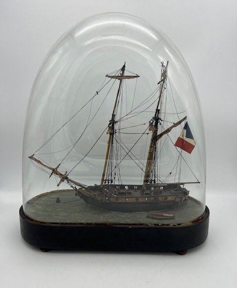 Painted Wooden Boat Model Under Glass Globe Origin: France, 19th Century