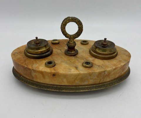 A Siena Marble And Bronze Inkwell. France, 19th Century.