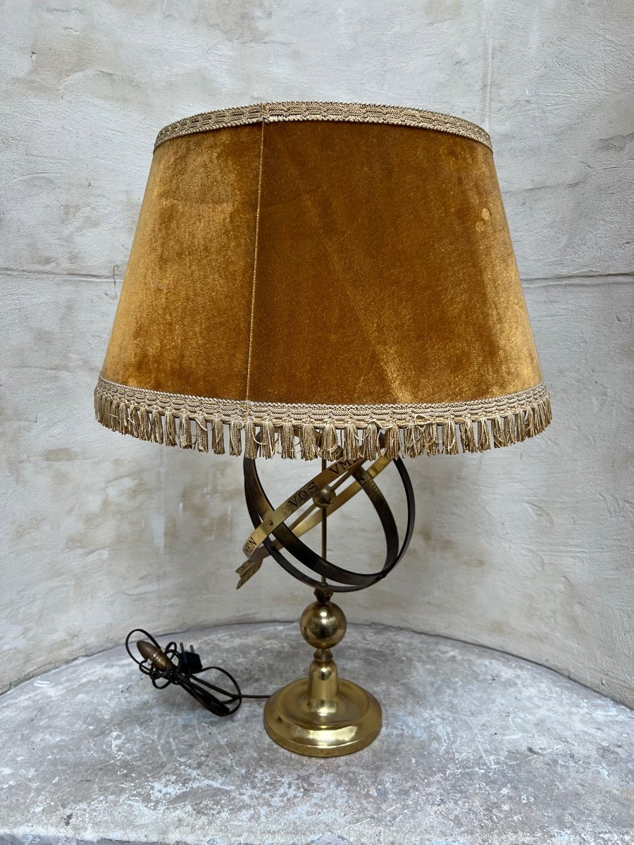 Brass Lamp Representing An Armillary Sphere And An Arrow,