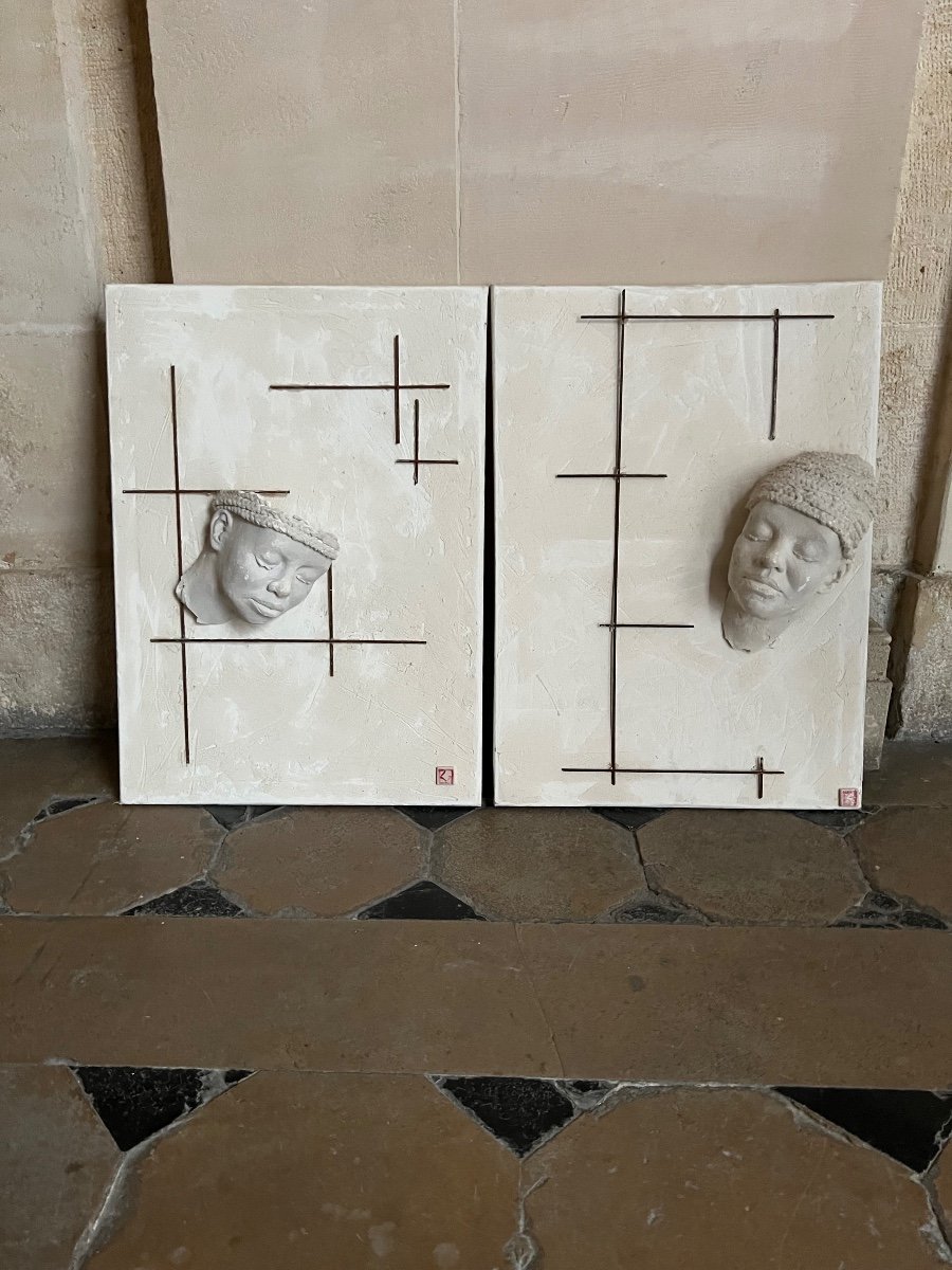 Two Paintings With Plaster And Metal Sculpture 