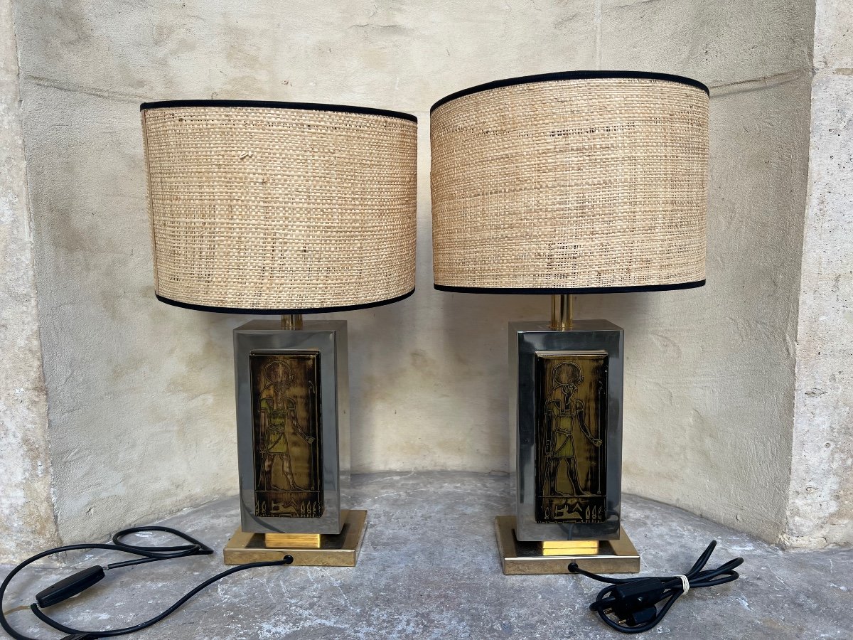 Pair Of Egyptian Decor Metal Table Lamps -photo-1