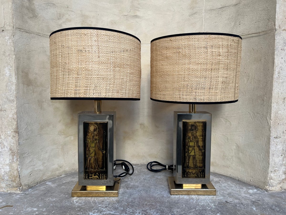 Pair Of Egyptian Decor Metal Table Lamps 