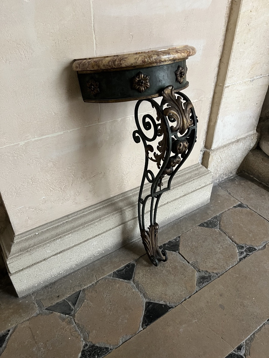 Console Jardinière En Fer Forgé Avec Plateau En Marbre -photo-2