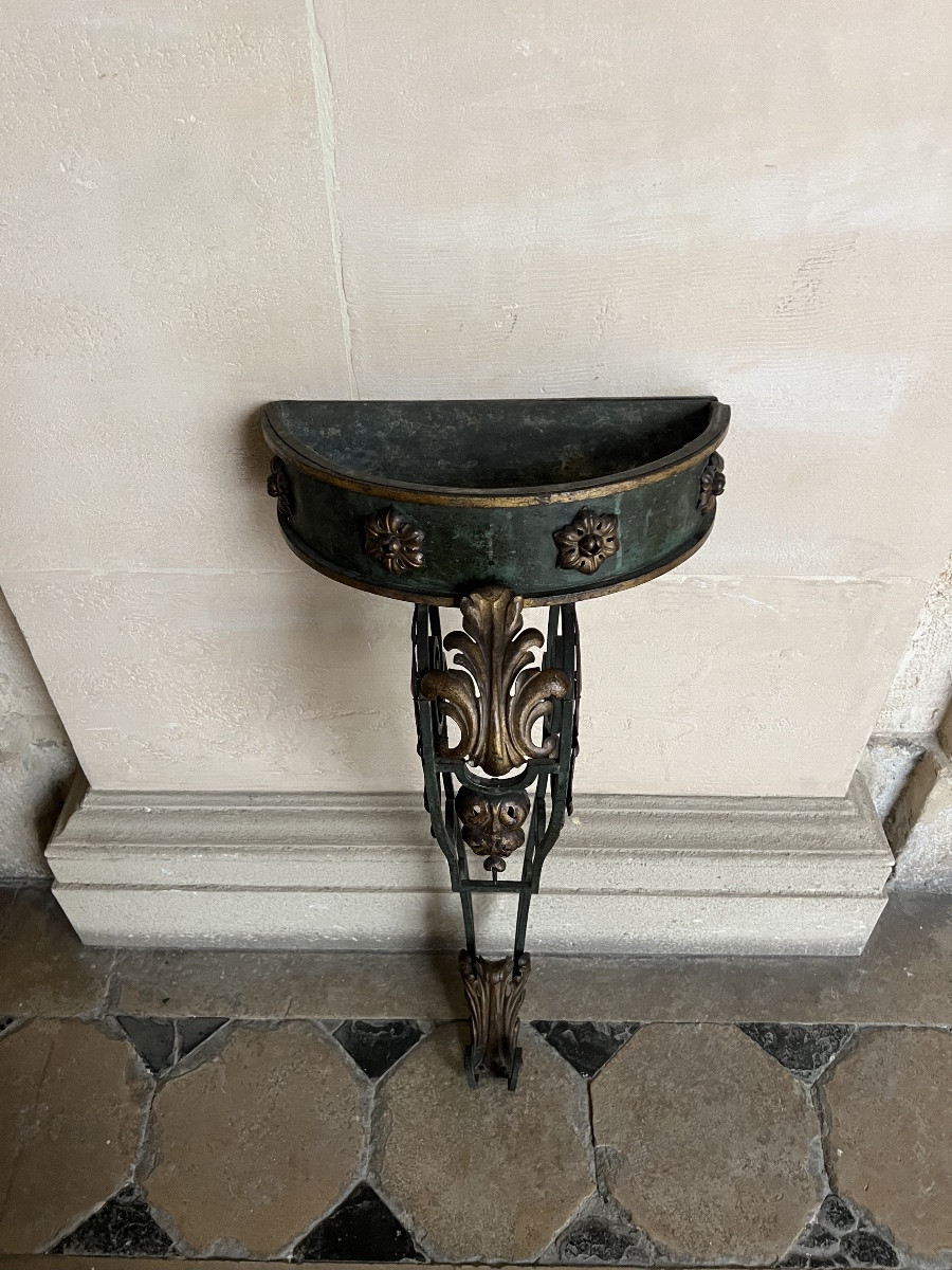 Console Jardinière En Fer Forgé Avec Plateau En Marbre -photo-1