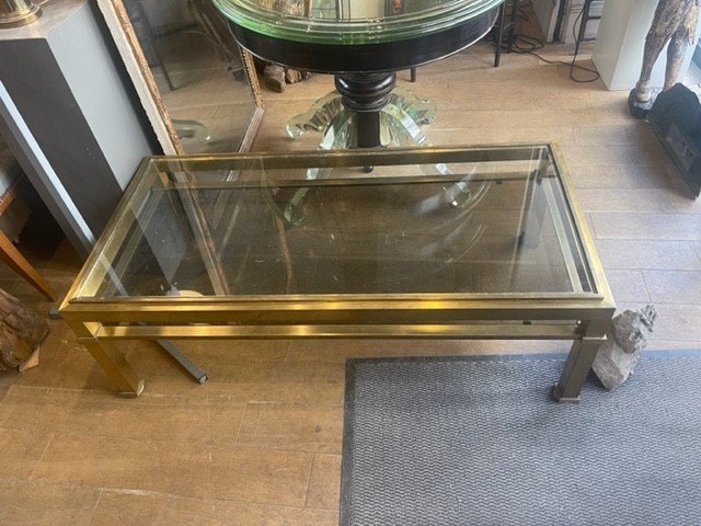 Coffee Table In Golden Metal With Two Glasses, Tray And Shelf France 20th Century-photo-4