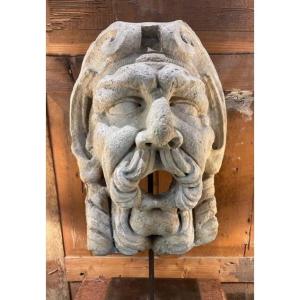 Carved Stone Fountain Head In The Shape Of A Man's Head