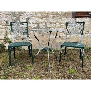 Faux Bamboo Garden / Terrace Set, Cast Aluminum Painted White And Vintage Green
