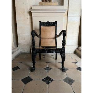 An Anglo-indian Armchair In Carved Ebony Wood