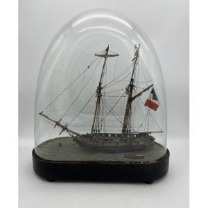 Painted Wooden Boat Model Under Glass Globe Origin: France, 19th Century