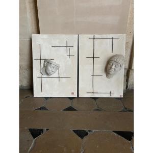 Two Paintings With Plaster And Metal Sculpture 