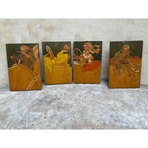 Four Painted Wooden Panels Depicting People In Vintage Cars,