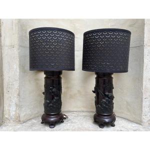 Japan, Early 20th Century (meiji) Pair Of Bronze Scroll Vases Mounted As A Lamp,