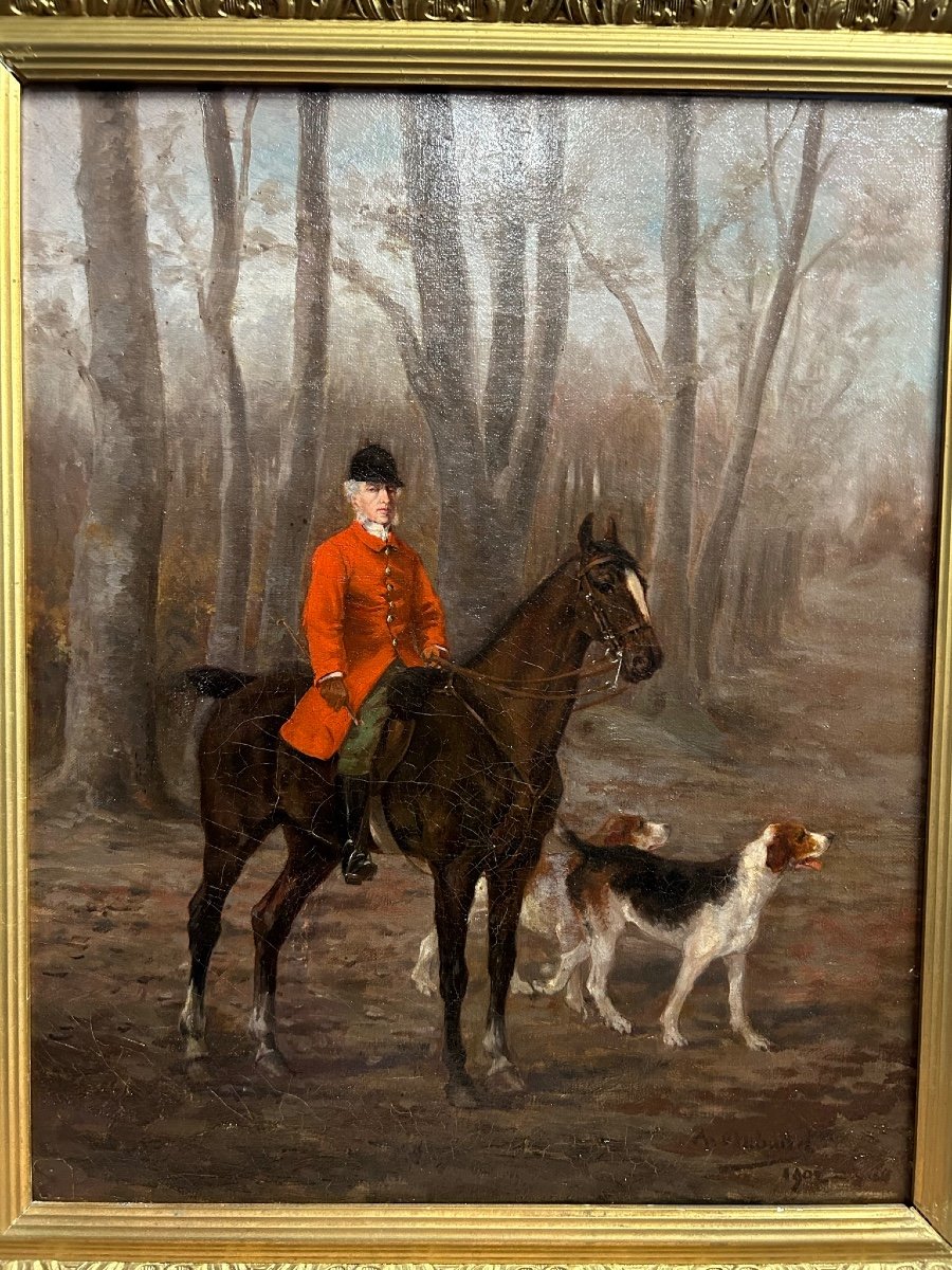 Peinture - Huile Sur Toile Chasse à Courre - Signé Et Daté 1902-photo-1