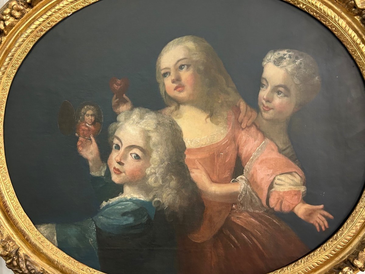 Oil On Canvas - Large Portrait Of Children Louis XIV Period Late XVII Early XVIIIth Century-photo-2
