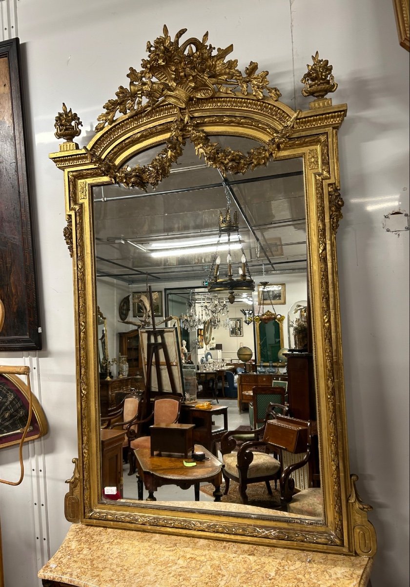 Large Golden Mirror - Mirror Louis XVI Style Napoleon III Period - H: 185 Cm-photo-2