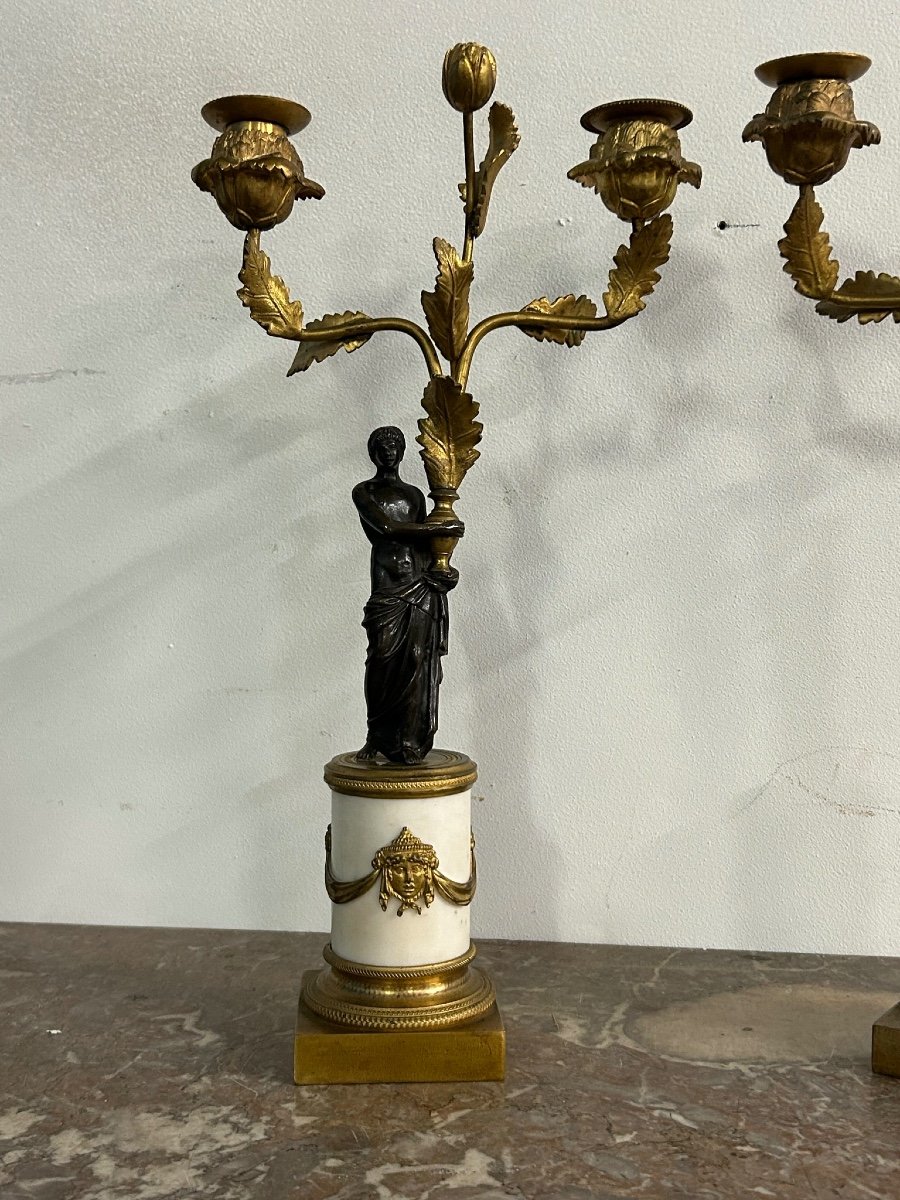 Pair Of Patinated Gilt Bronze And Marble Candelabras From The Empire Period-photo-4