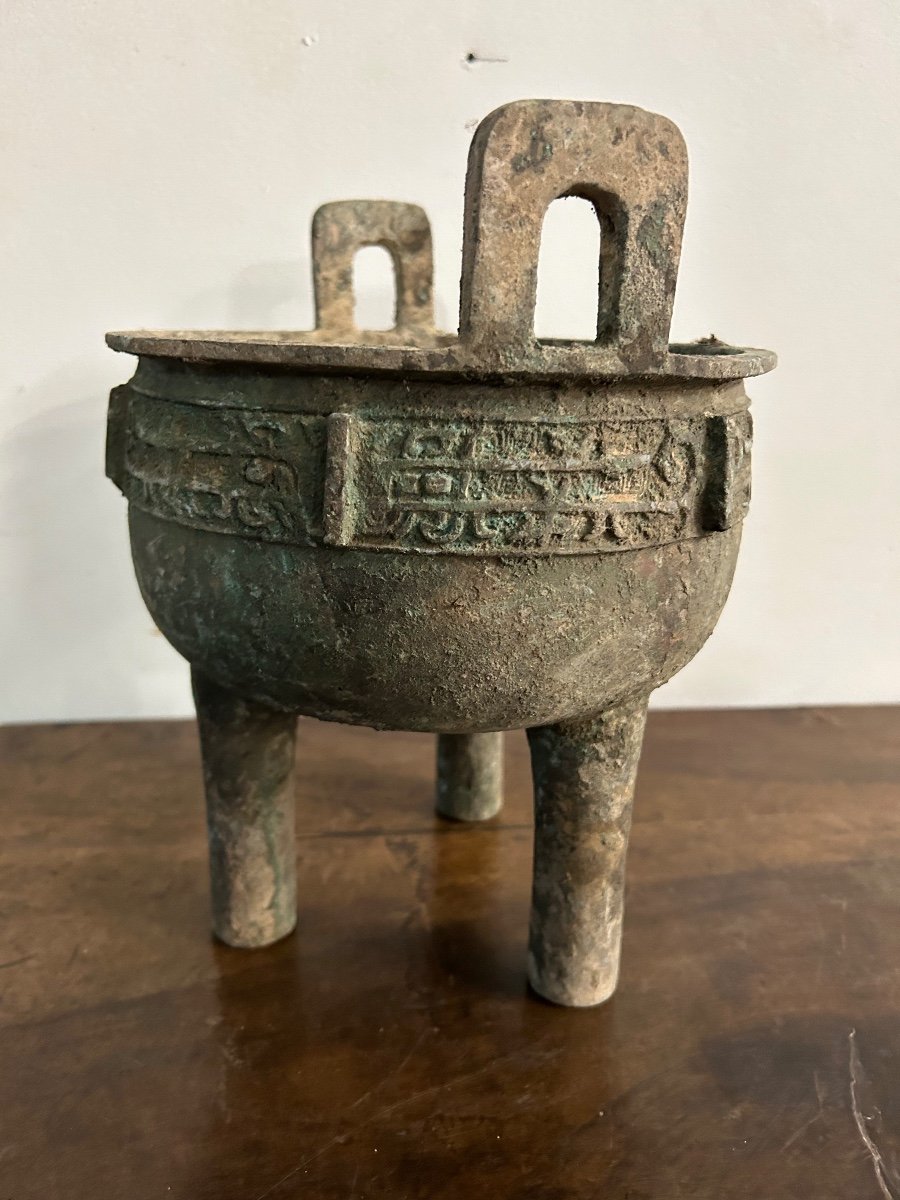 Vase Tripode Brule Parfum En Bronze à Patine Verte Et Terreuse - Chine Archaïque -photo-4