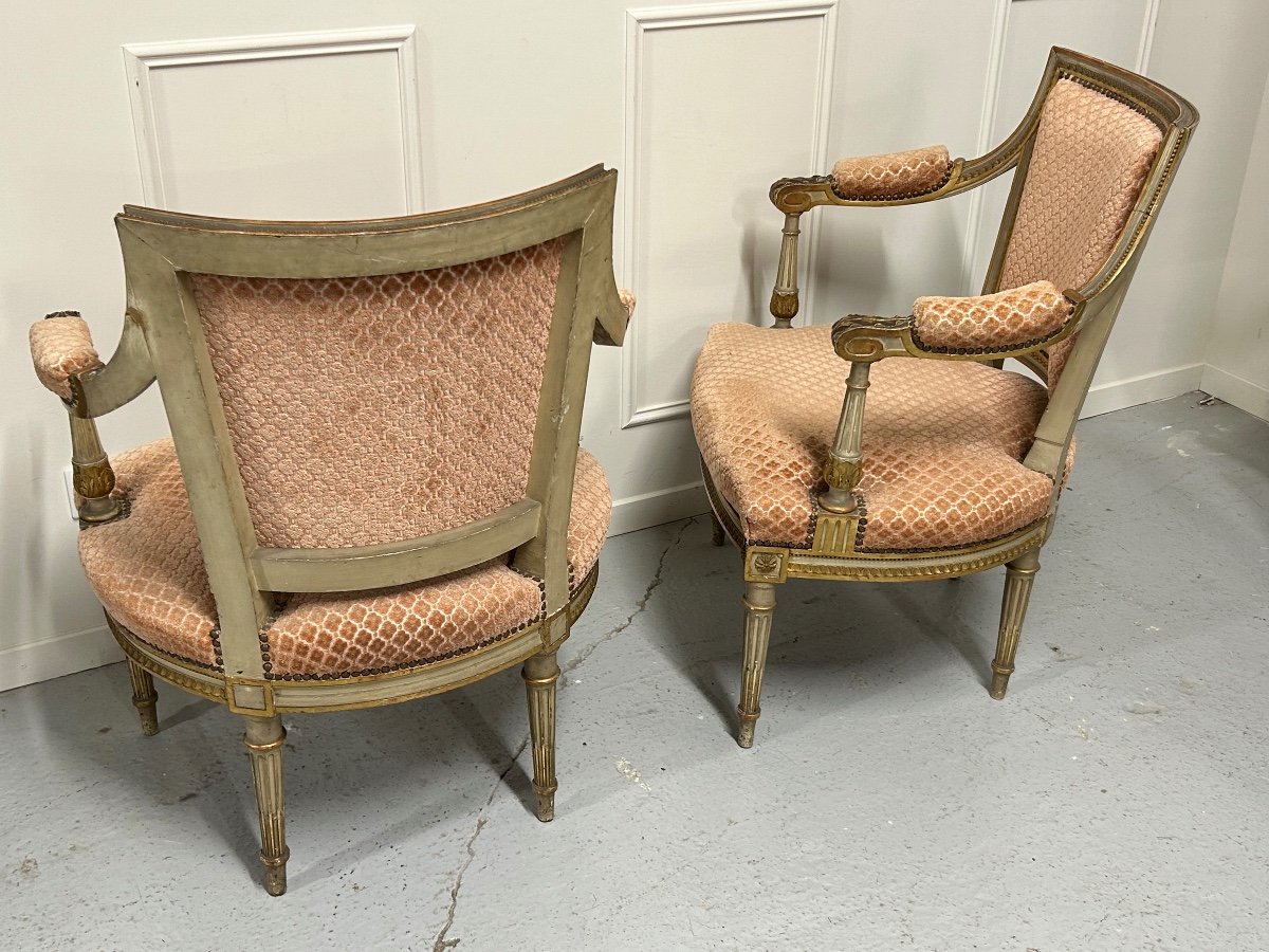 Pair Of Louis XVI Style Armchairs In Lacquered And Gilded Wood Late Nineteenth-photo-3