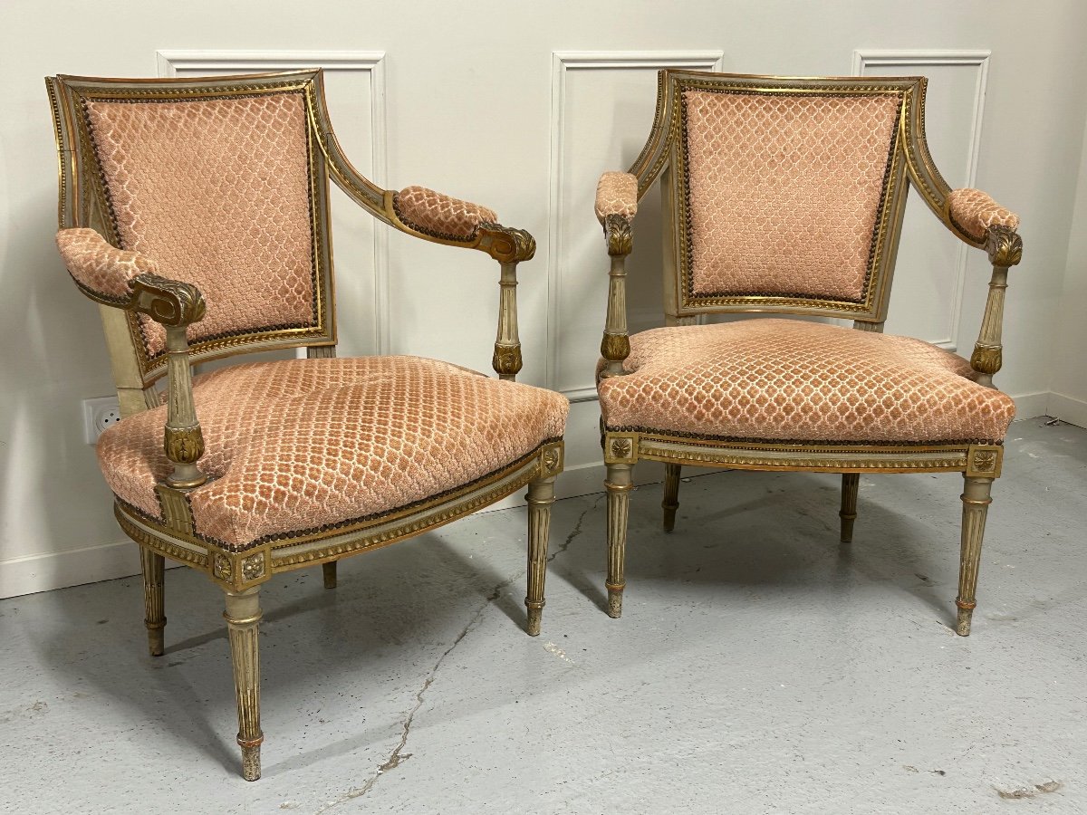 Pair Of Louis XVI Style Armchairs In Lacquered And Gilded Wood Late Nineteenth-photo-8