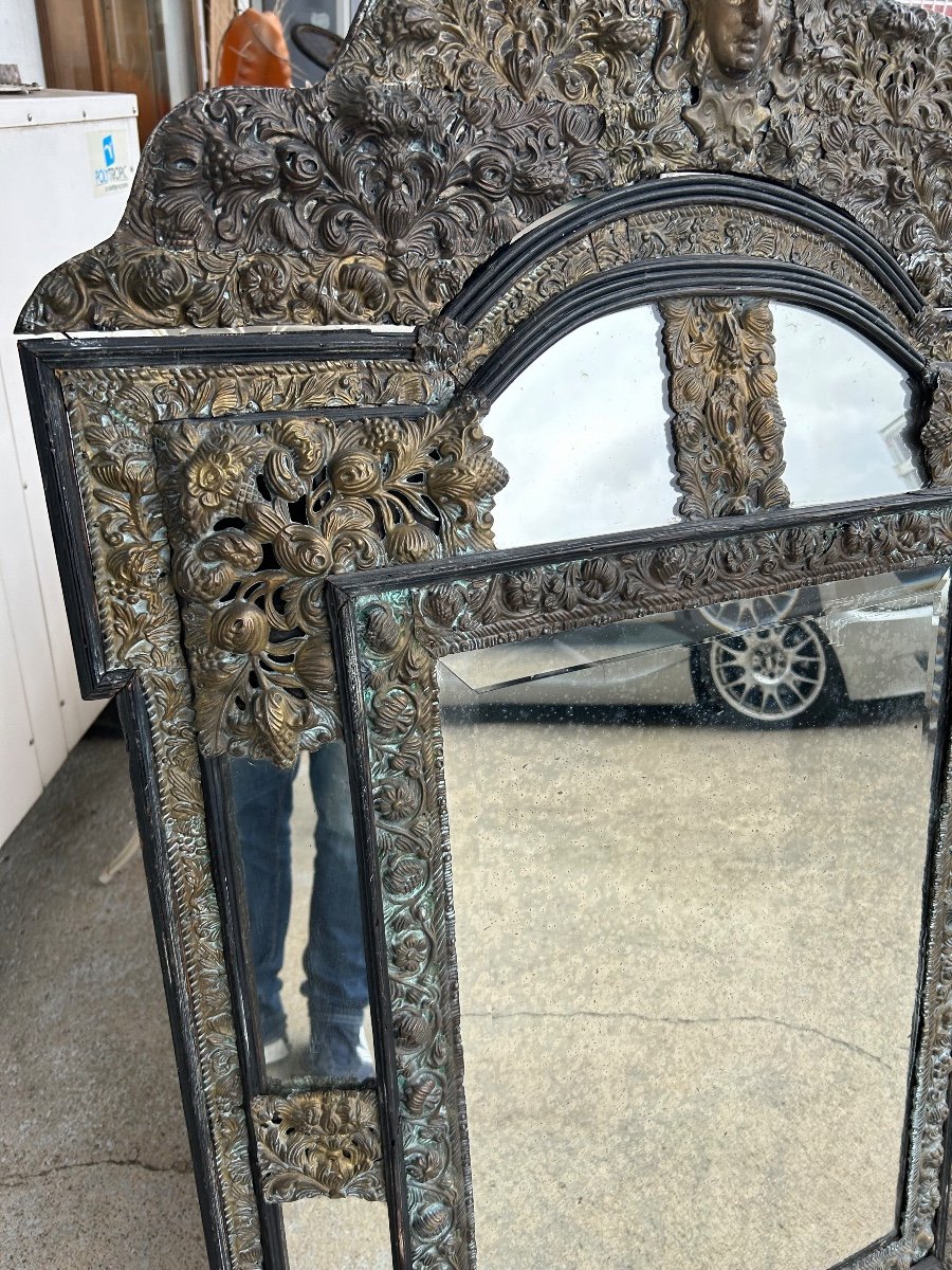 Mirror In Brass And Blackened Wood Louis XIII Style Around 1880 H: 149 Cm-photo-4