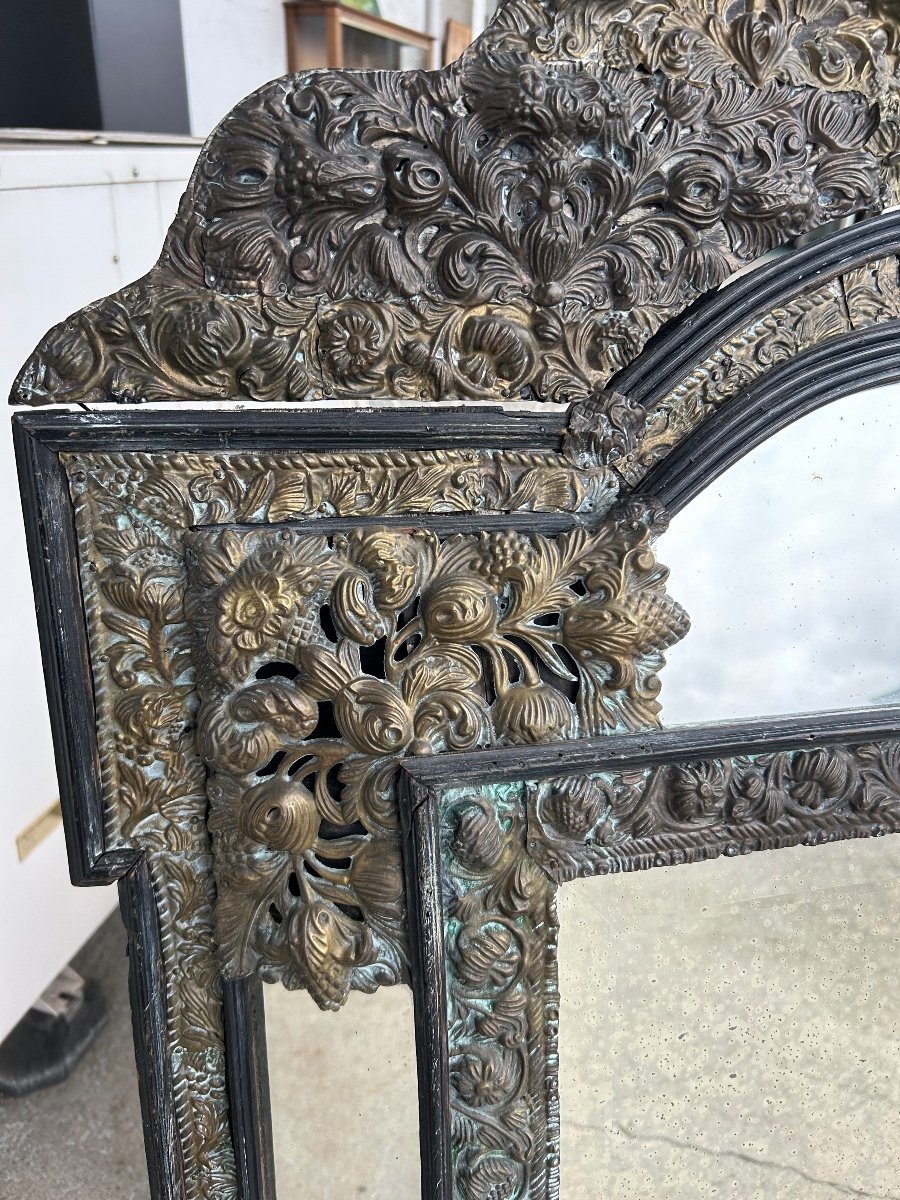 Mirror In Brass And Blackened Wood Louis XIII Style Around 1880 H: 149 Cm-photo-5