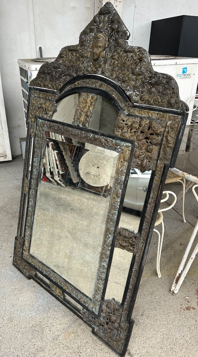 Mirror In Brass And Blackened Wood Louis XIII Style Around 1880 H: 149 Cm-photo-8