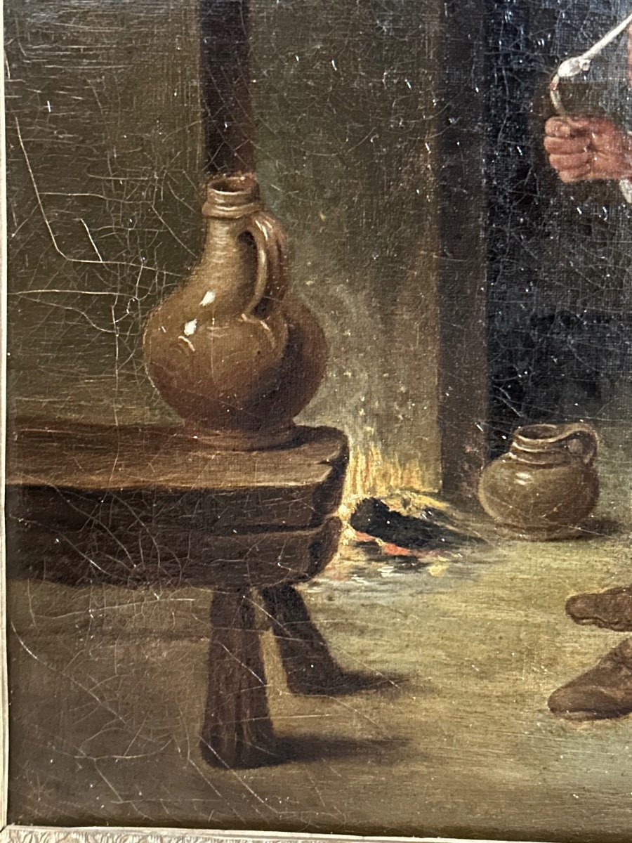 Scène D’auberge Dans Le Goût De David Teniers Fumeur Au Tonneau école Hollandaise Début XIXéme -photo-2