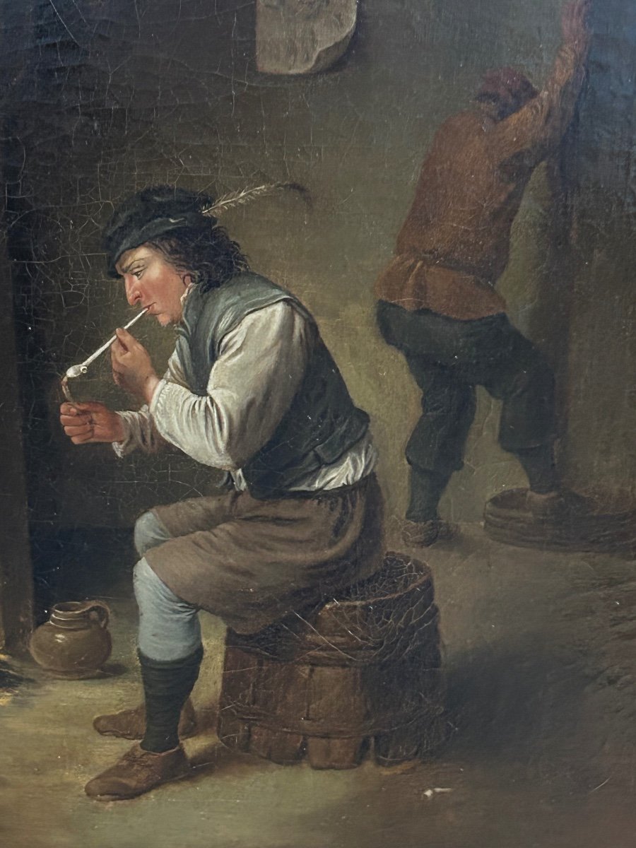 Scène D’auberge Dans Le Goût De David Teniers Fumeur Au Tonneau école Hollandaise Début XIXéme -photo-6