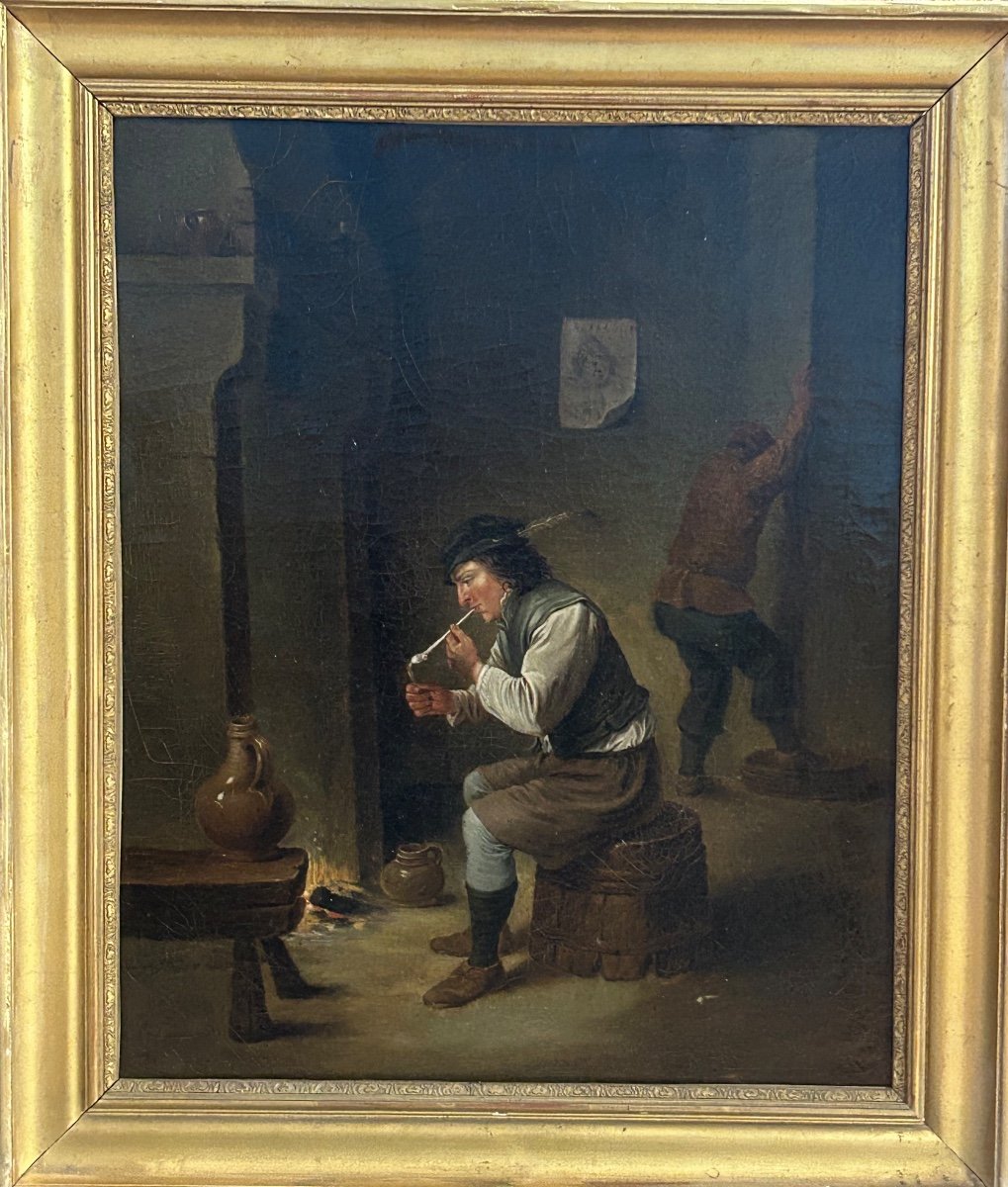 Scène D’auberge Dans Le Goût De David Teniers Fumeur Au Tonneau école Hollandaise Début XIXéme 